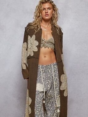 POL Clothing Longline Appliqué Floral Patchwork Jacket